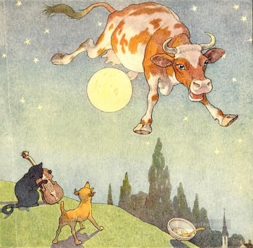 牛 雄牛 Painting - 月の上の牛